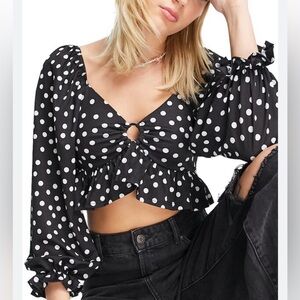 Miss Selfridge polka dot black and white cropped ring blouse